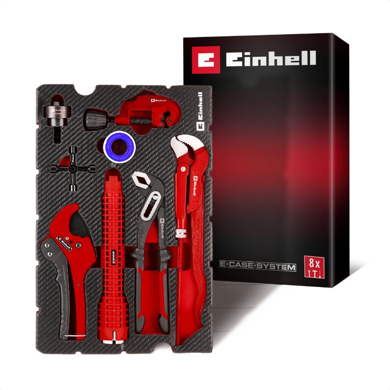 Einhell 49370527 Sekiz parçalı tesisatçı setinin aletli EVA içliği ve ambalajı