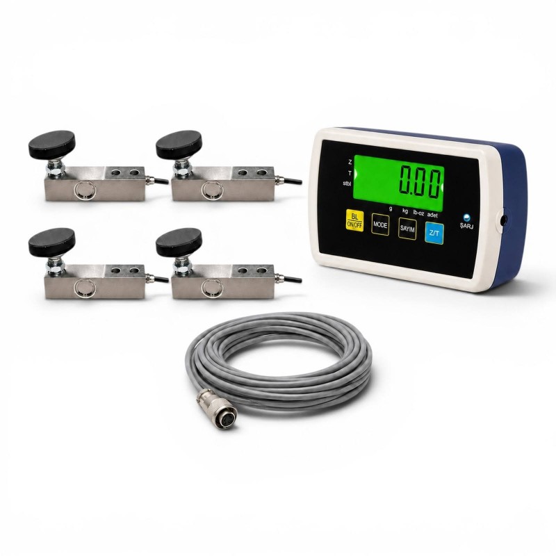 AV-NAP-L-LCD yeşil ekranlı indikatör, dört adet 2 ton lama loadcell, montaj ayakları ve soketli bağlantı kablosundan oluşan tartım seti