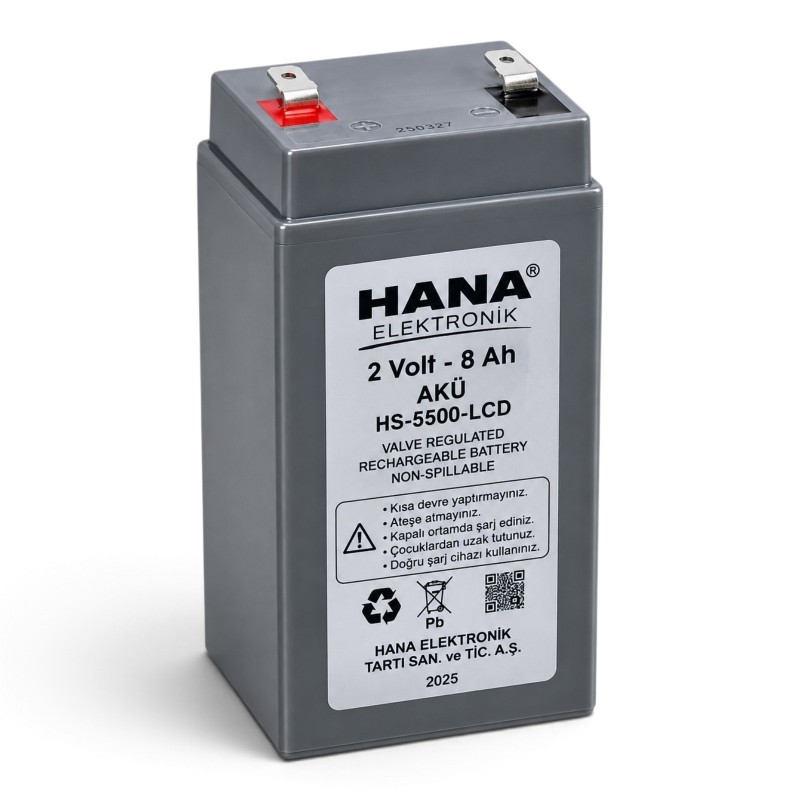 HANA 2 V 8 Ah terazi aküsü, HS-5500-LCD etiket referansı ve metal bağlantı uçları