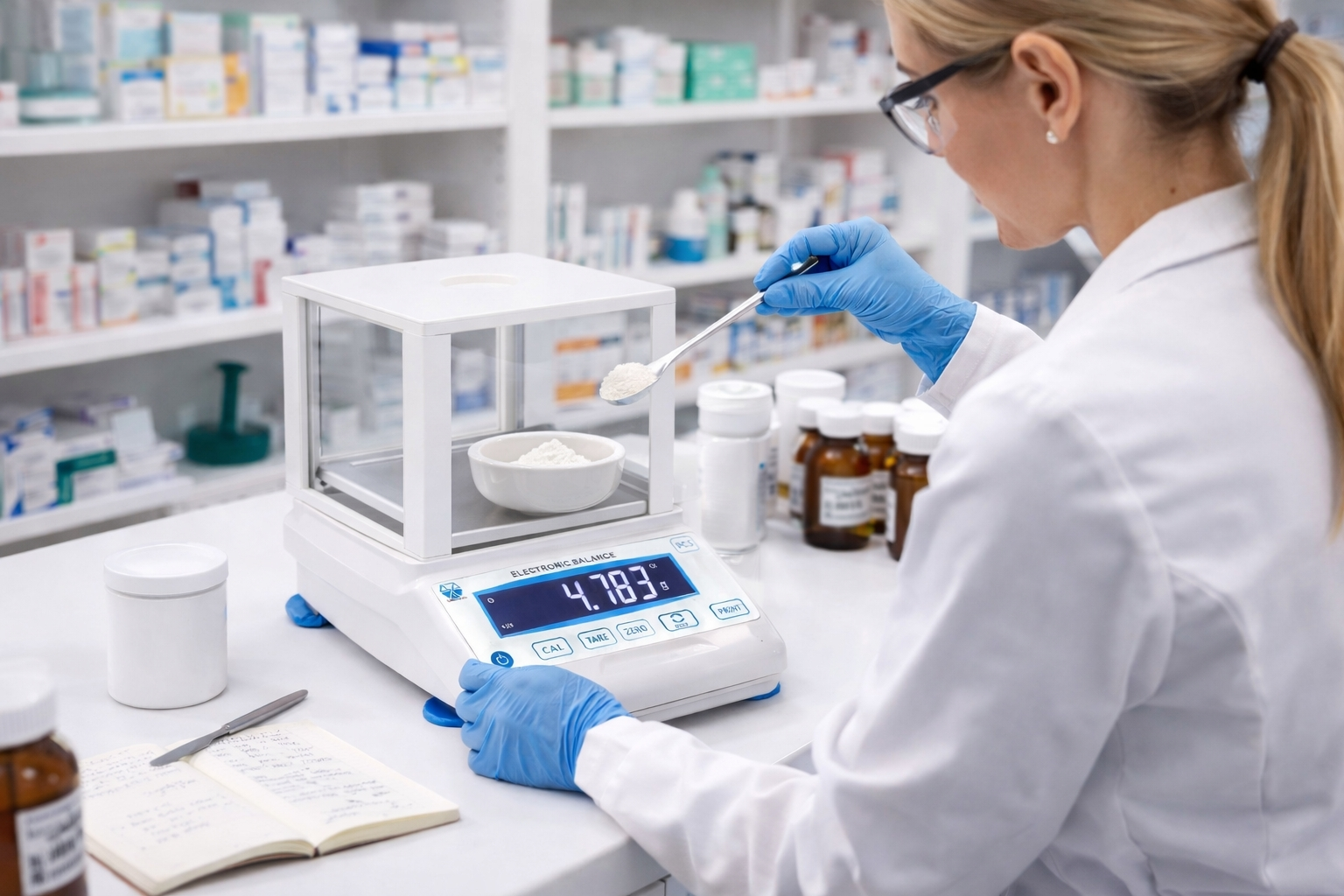 Bonita BNT600B eczane terazisi ile laboratuvar ortamında ilaç hammaddesi tartımı