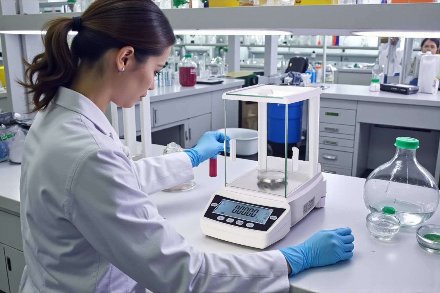 laboratuvar ortamında numune tartımı yapan uzman ve analitik hassas terazi