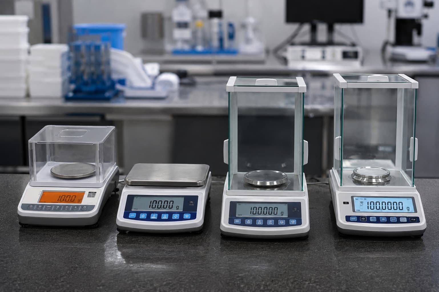 0.1 gram, 0.01 gram, 0.001 gram ve 0.0001 gram hassasiyet seviyelerine sahip laboratuvar terazileri