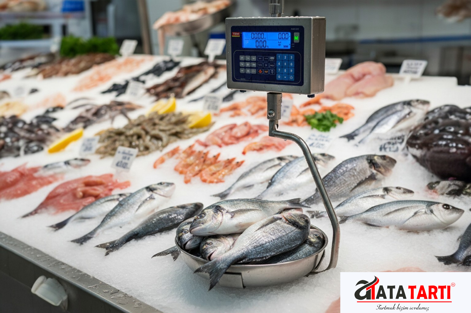 Paslanmaz çelik kefeli ve suya dayanıklı tezgâh üstü elektronik balıkçı terazisi.