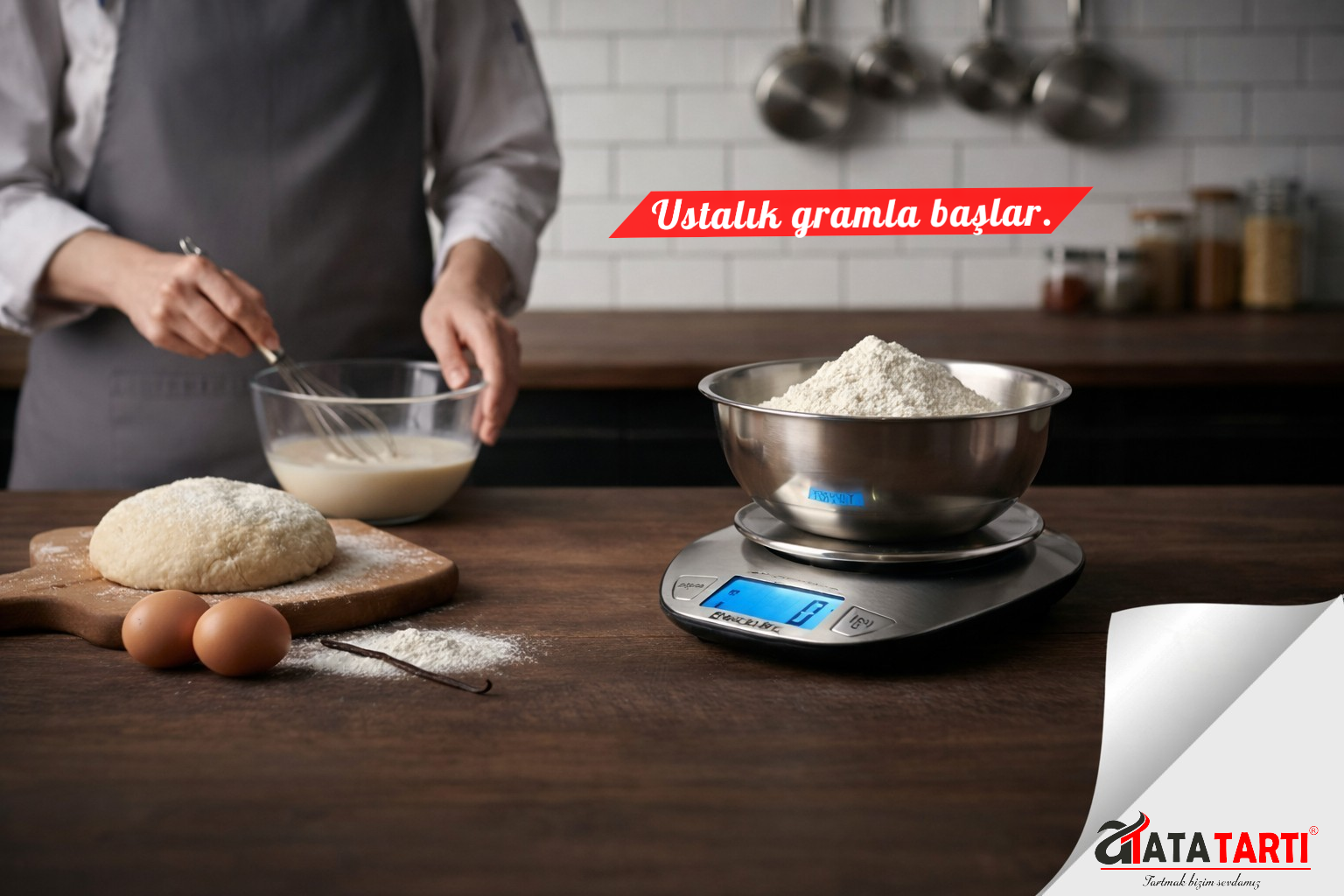 Hamur işleri için hassas dijital mutfak tartısı.