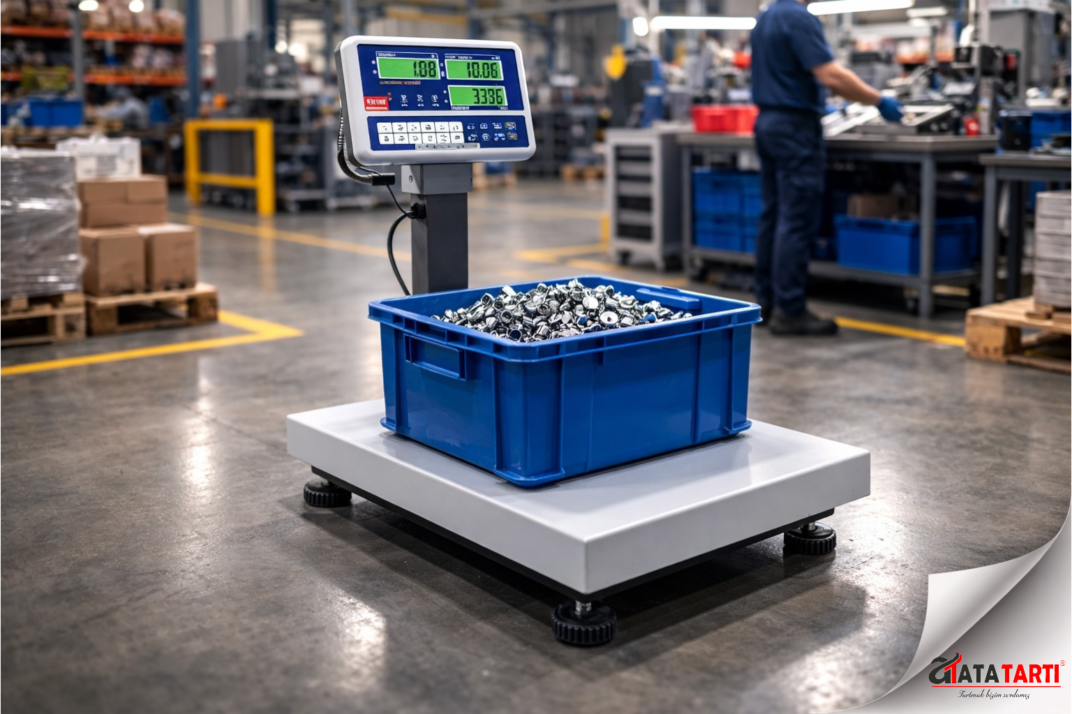Depo ve üretim hatlarında parça sayımı için tasarlanmış güçlendirilmiş sayıcı kantar.