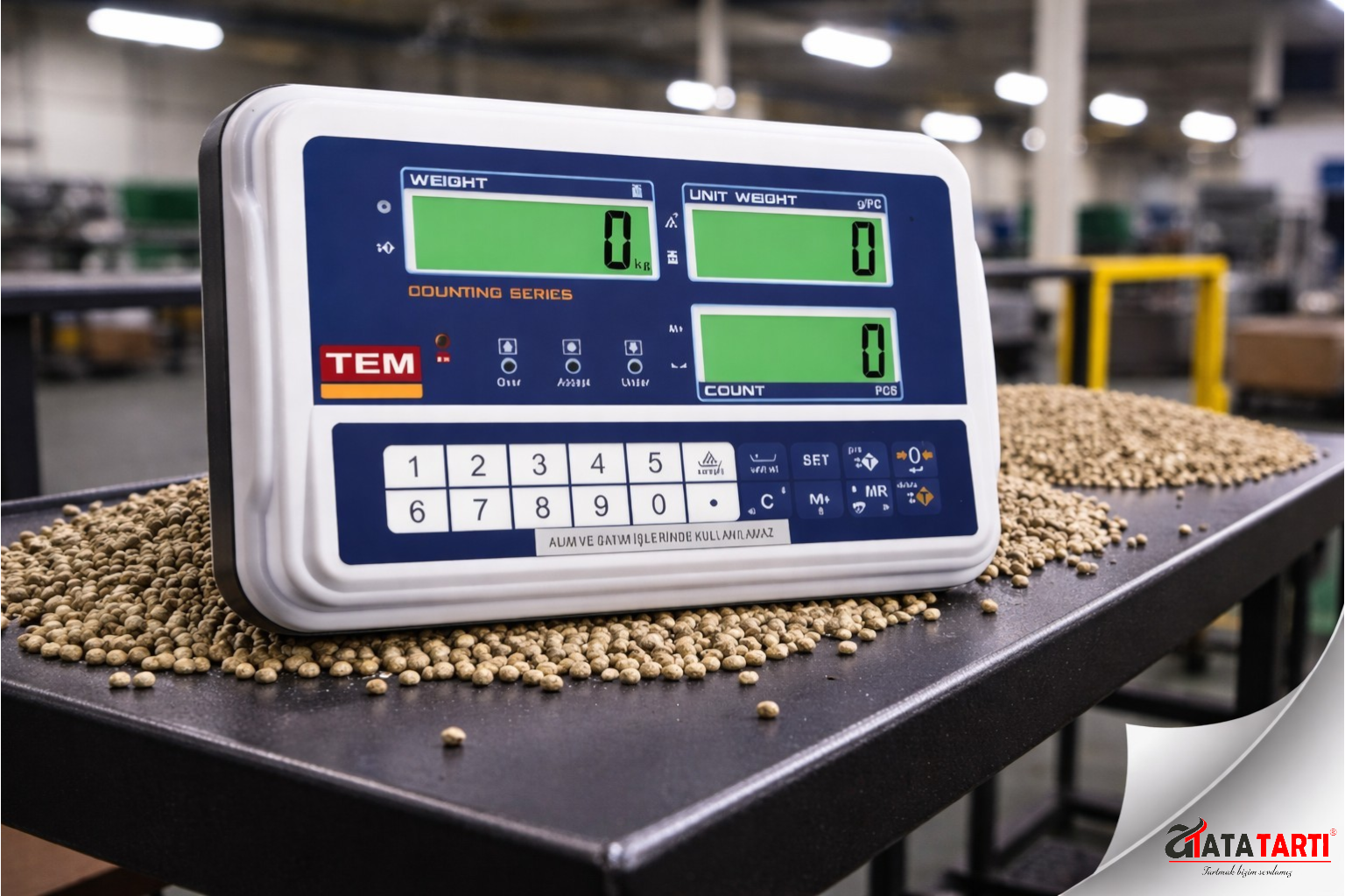 Adet sayan baskül indikatöründe ağırlık, birim ağırlık ve adet gösterge paneli.