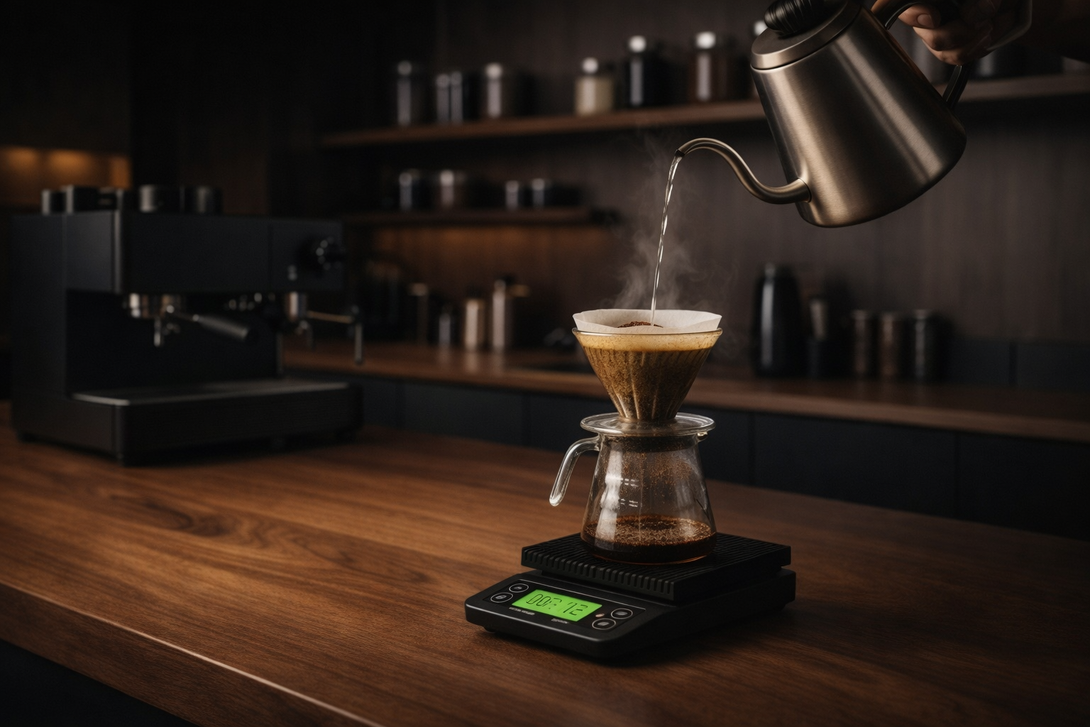 Modern bir kahve dükkanında espresso makinesi yanında kullanılan zamanlayıcılı hassas kahve tartısı