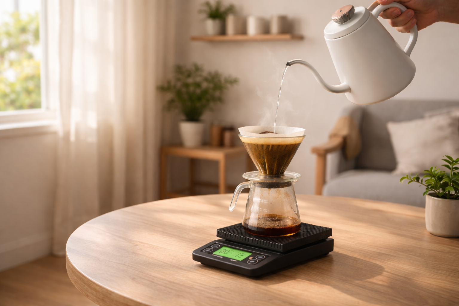 Aydınlık bir mutfakta V60 demleme seti ile kullanılan dijital kahve terazisi